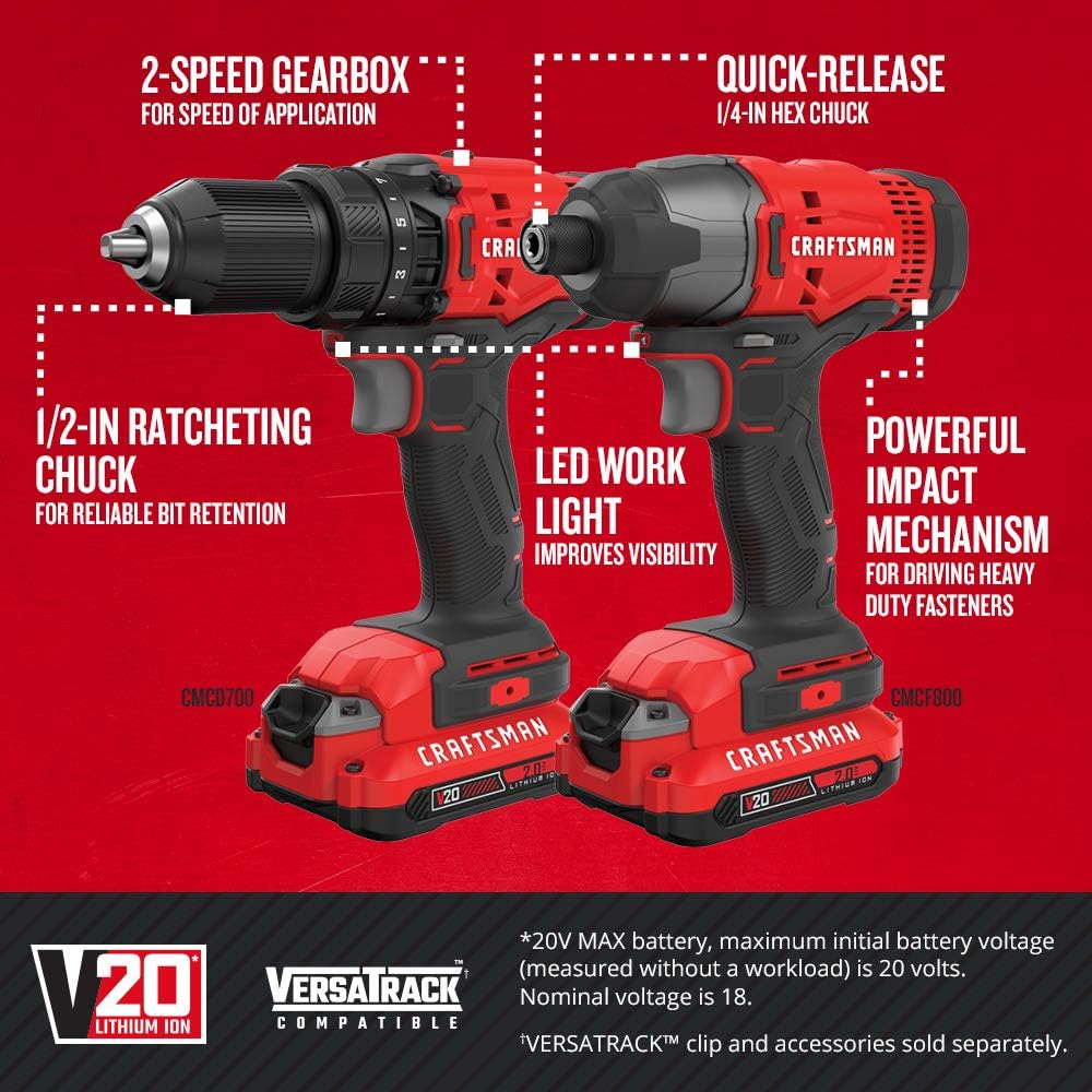 CRAFTSMAN V20 MAX Cordless Drill and Impact Driver, Power Tool Combo Kit with 2 Batteries and Charger (CMCK200C2) & (1) V20 Lithium Ion Battery, 4.0-Amp Hour (CMCB204)