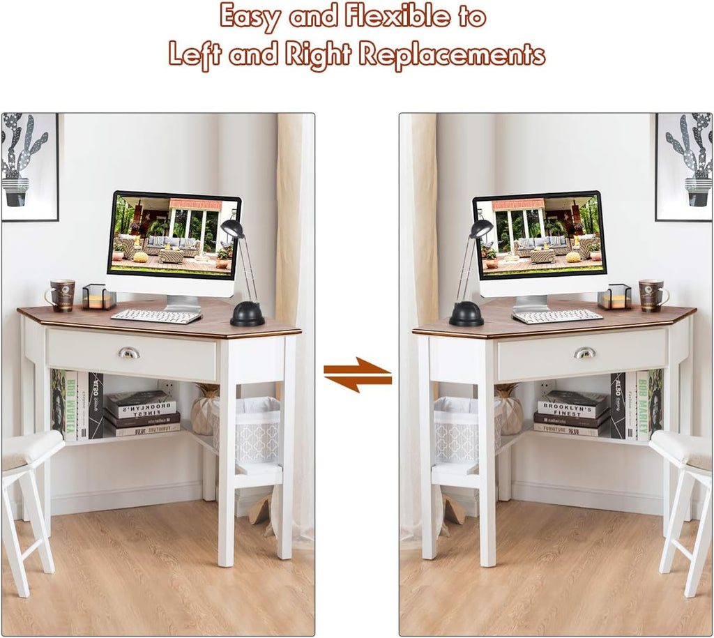 Tangkula Corner Desk, Corner Computer Desk with Drawer for Small Space, Small Corner Makeup Vanity Desk, 90 Degrees Triangle Corner Desk with Storage Shelves (Natural & White)