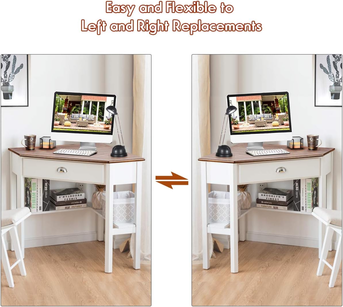 Tangkula Corner Desk, Corner Computer Desk with Drawer for Small Space, Small Corner Makeup Vanity Desk, 90 Degrees Triangle Corner Desk with Storage Shelves (Natural & White)