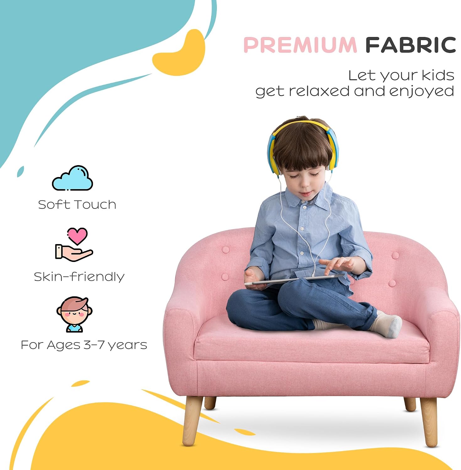 Qaba 2-Seat Kids Sofa, Toddler Sofa Couch, Linen-Like Fabric and Wooden Frame Sofa Chair for Ages 3-7, 11' High Seat, Pink