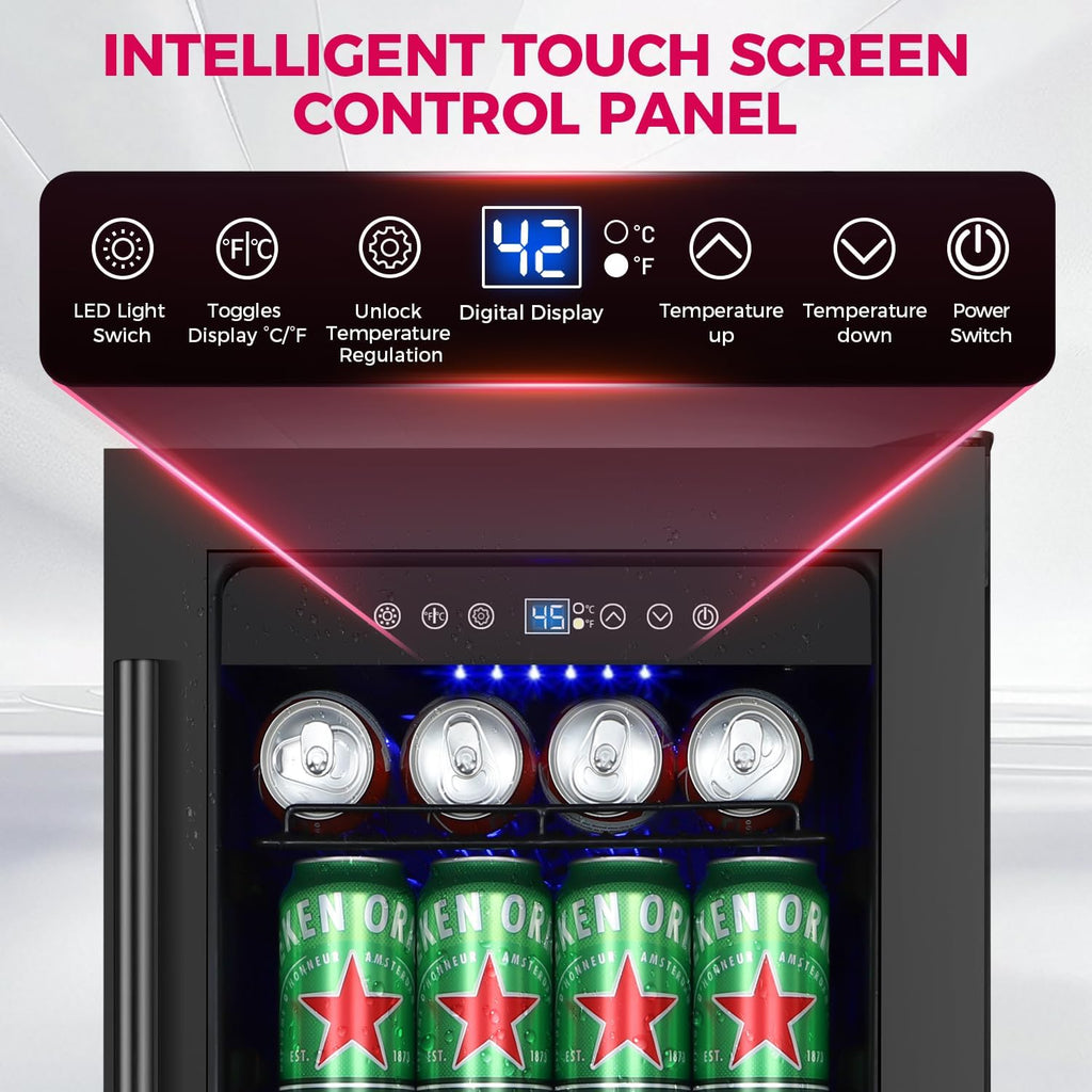 15 Inch Beverage Cooler Refrigerator, 15' Beverage Cooler Under Counter 130 Cans Beverage Fridge with Glass Door, Freestanding or Built-In Mini Drinks Fridge with Lock for Soda, Beer, Black
