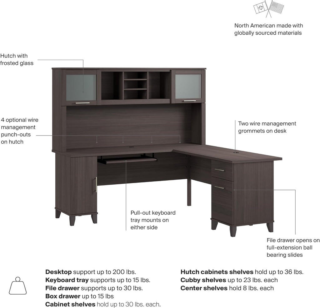 Bush Home 72-Inch L-Shaped Desk with Hutch, Corner Computer Office Desk with File and Box Drawers, Shelves and Storage Cabinet, Home Office Workstation, Somerset Collection, Storm Gray