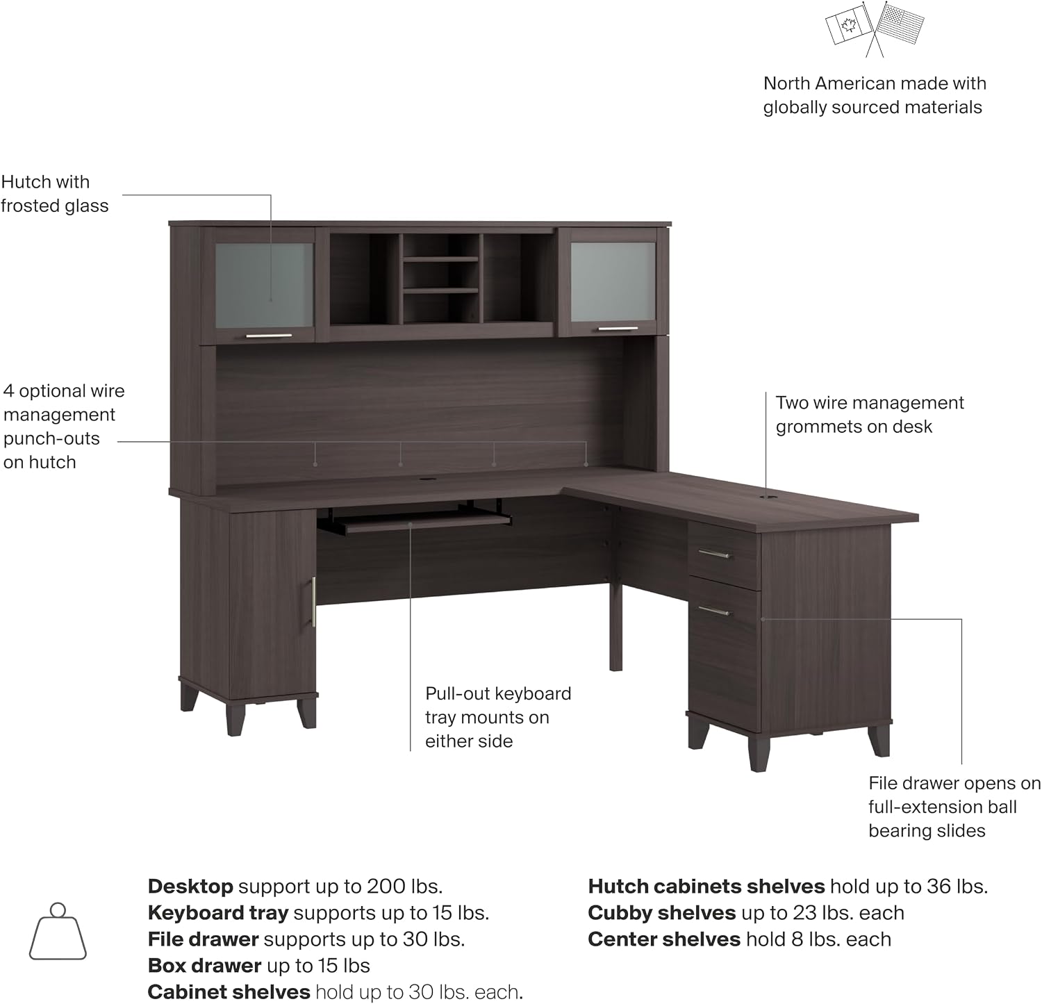 Bush Home 72-Inch L-Shaped Desk with Hutch, Corner Computer Office Desk with File and Box Drawers, Shelves and Storage Cabinet, Home Office Workstation, Somerset Collection, Storm Gray
