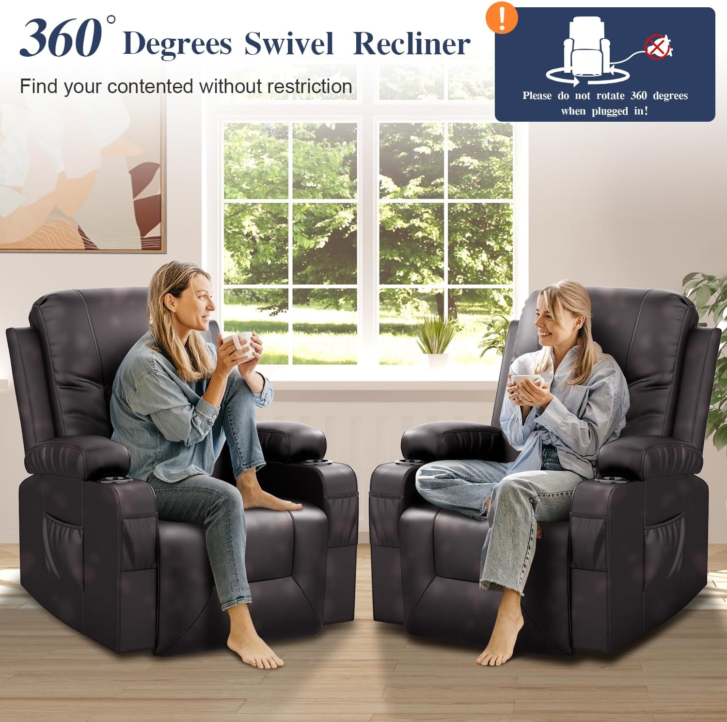 Recliner Chairs for Adults, FSC Certified Massage Rocker with Heated Modern Ergonomic Lounge 360 Degree Swivel Single Sofa Seat Living Room Lounge Recliners Brown
