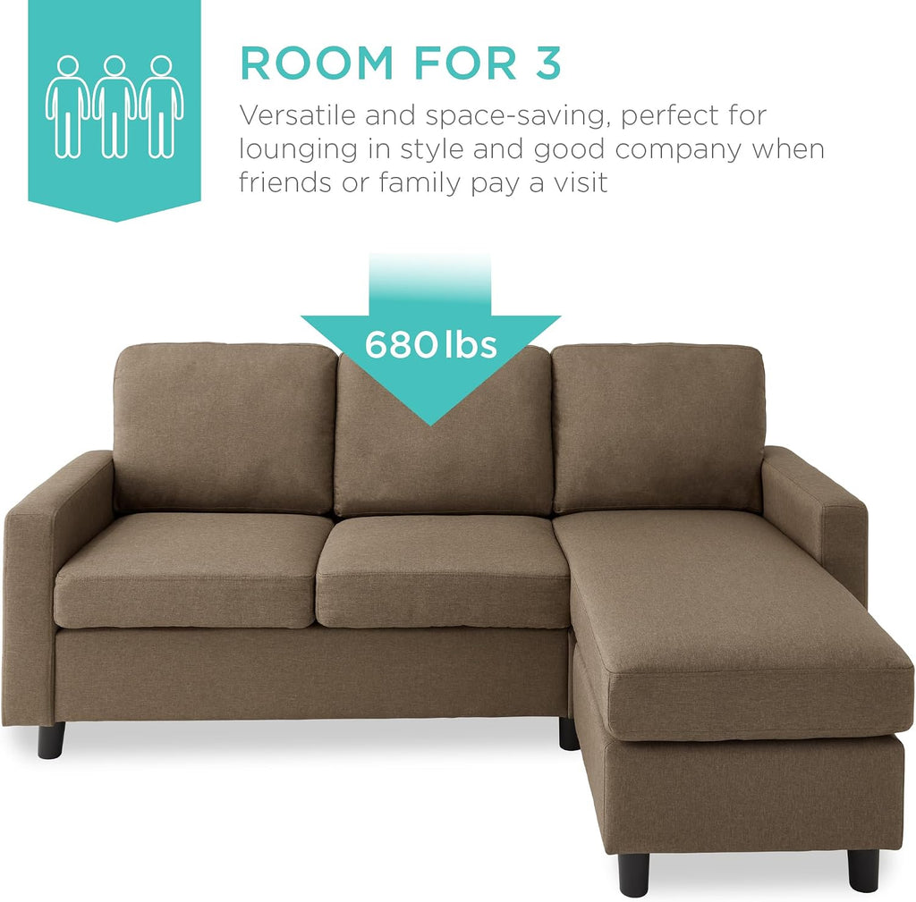 Best Choice Products Upholstered Sectional Sofa for Home, Apartment, Dorm, Bonus Room, Compact Spaces w/Chaise Lounge, 3-Seat, L-Shape Design, Reversible Ottoman Bench, 680lb Capacity - Brown