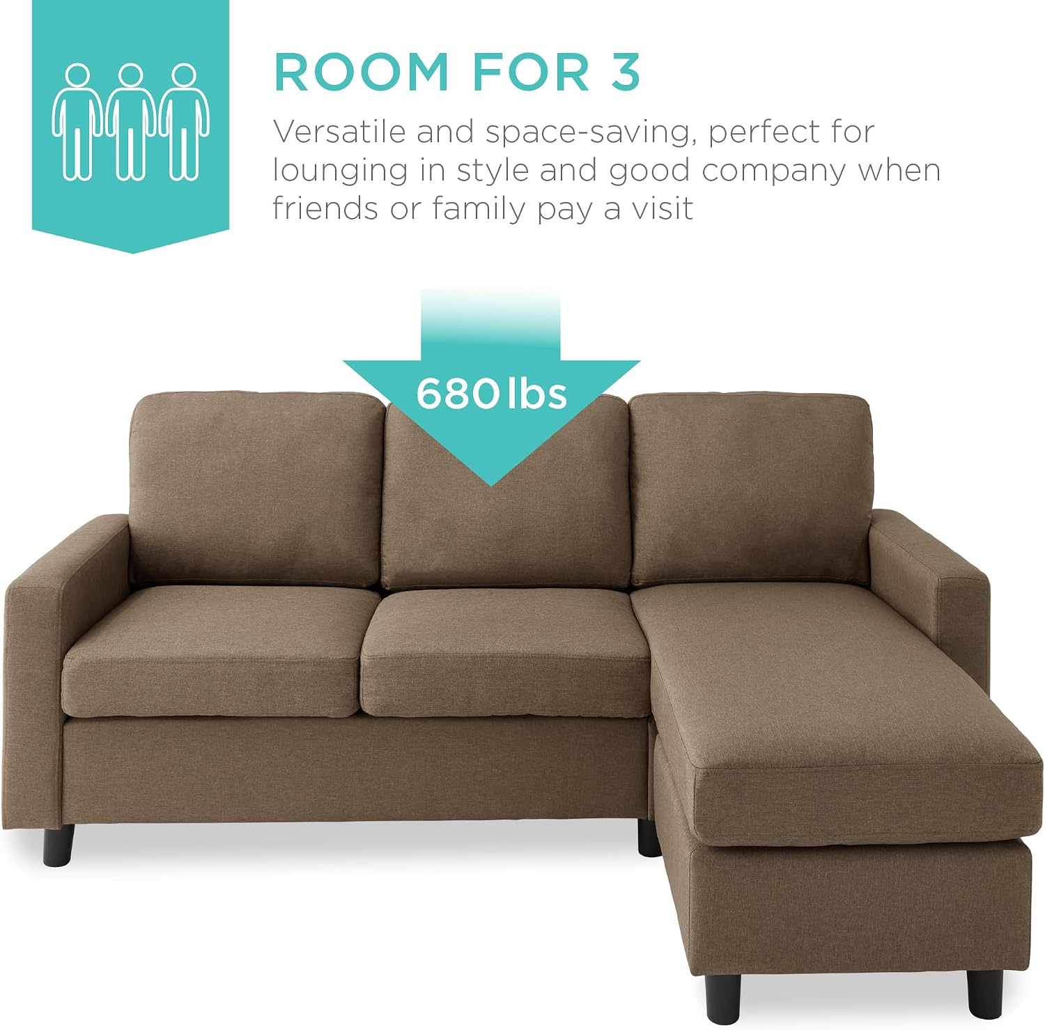 Best Choice Products Upholstered Sectional Sofa for Home, Apartment, Dorm, Bonus Room, Compact Spaces w/Chaise Lounge, 3-Seat, L-Shape Design, Reversible Ottoman Bench, 680lb Capacity - Brown