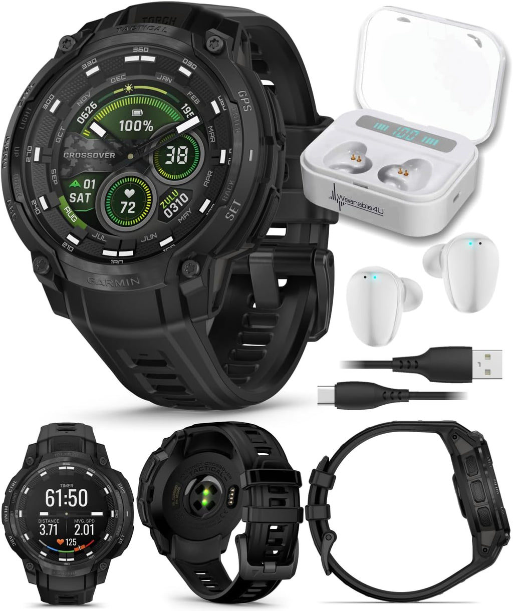 Garmin Instinct Crossover Tactical Edition Rugged Hybrid GPS Smartwatch, 1.2' AMOLED Sapphire, Analog Hands, Jumpmaster Activity, Applied Ballistics White Earbuds Bundle