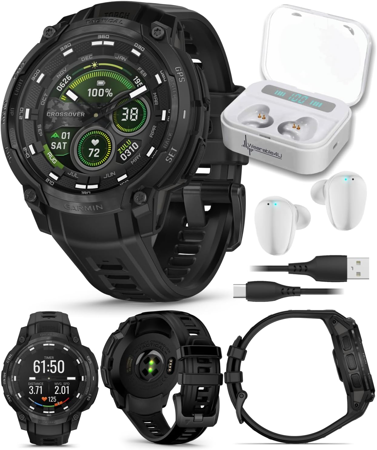 Garmin Instinct Crossover Tactical Edition Rugged Hybrid GPS Smartwatch, 1.2' AMOLED Sapphire, Analog Hands, Jumpmaster Activity, Applied Ballistics White Earbuds Bundle
