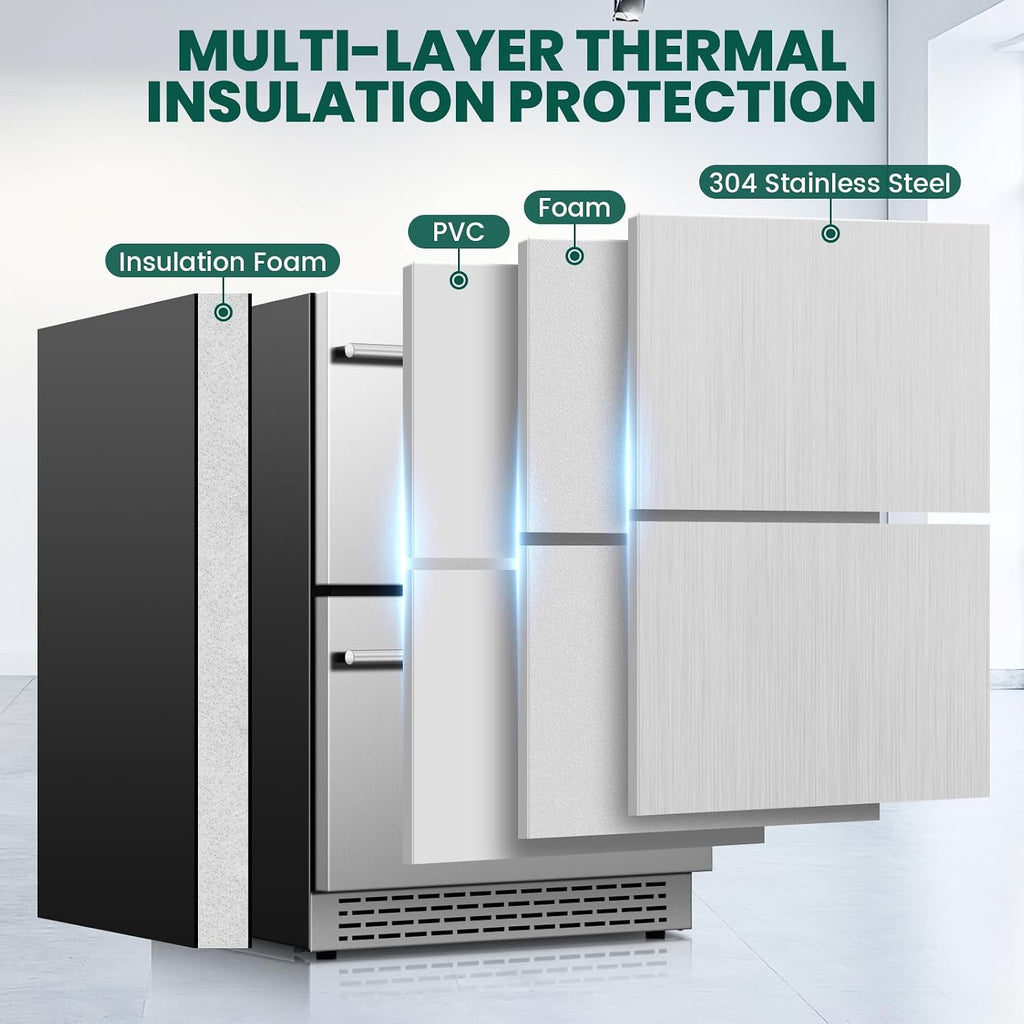 24 Inch Outdoor Drawer Refrigerator, Stainless Steel Door Under Counter Drawer Fridge Freestanding or Built-in, Beverage Cooler Refrigerator for Home Kitchen Commercial,Fast Cool,Low Noise