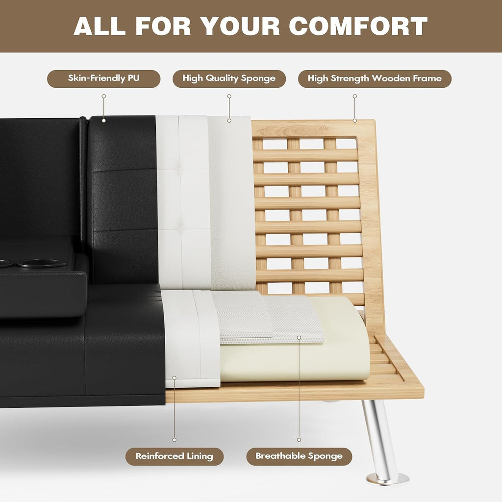 Homall Futon Sofa Bed, Leather Futon Couch with Removable Armrests, Adjustable Recliner Sleeper Sofa Bed with Dual Cup Holders for Living Room, Apartment, Office (Black), 30.7 x 65 x 28