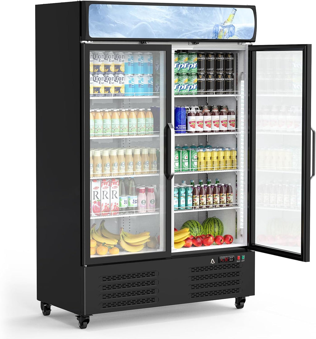 IDEALHOUSE Commercial Glass Door,Beverage Cooler - Upright Display Refrigerator, with LED Lighting for Restaurants, Supermarkets & Cafés | Large Capacity, Adjustable Shelves, Energy Efficient, Black
