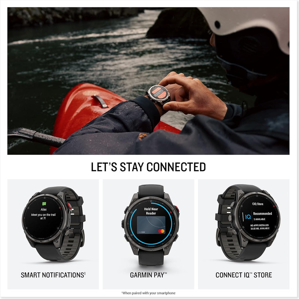 Garmin Fenix 8 Pro 47mm Multisport GPS Smartwatch, AMOLED Display, Sapphire, Carbon Gray DLC Titanium Pebble Gray Silicone Band, Wilderness Bundle with inReach Mini 2 Satellite Communicator and More