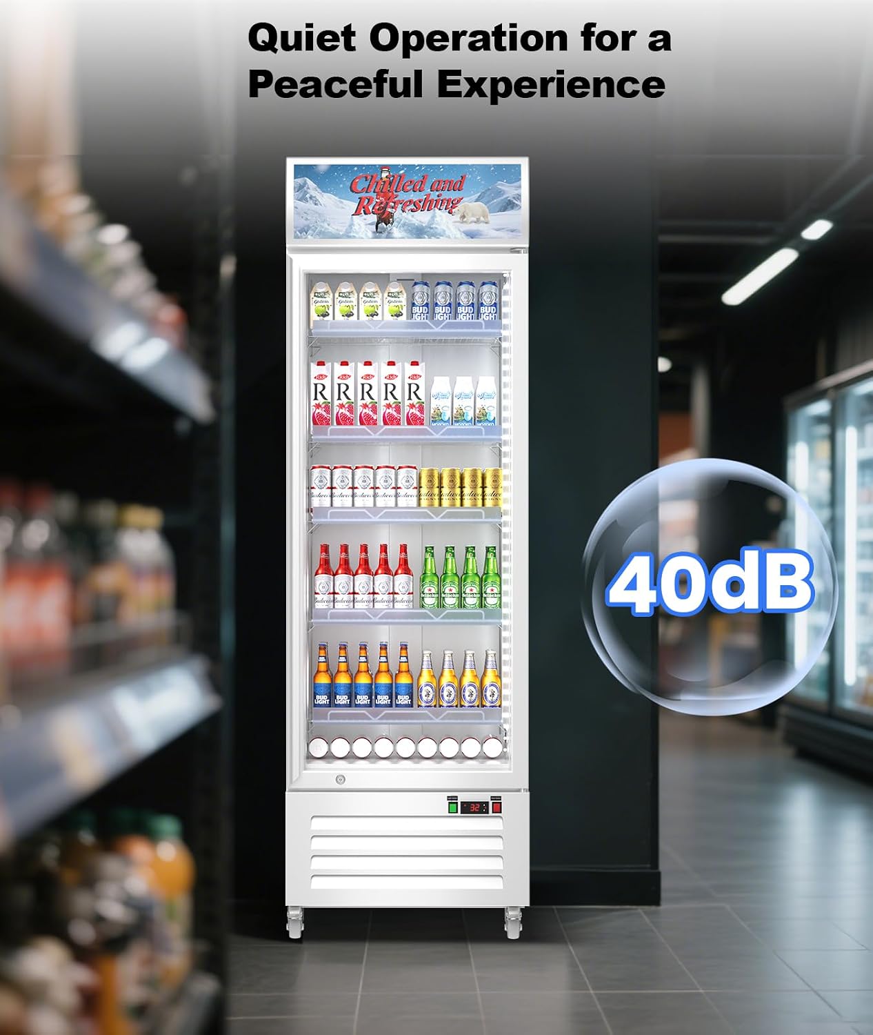 Tylza Commercial Refrigerator with Glass Door Display Beverage Fridge, 13.52 Cu Ft Upright Beverage Cooler Merchandiser with Rebound Door, Fast Cooling, Low Noise, White