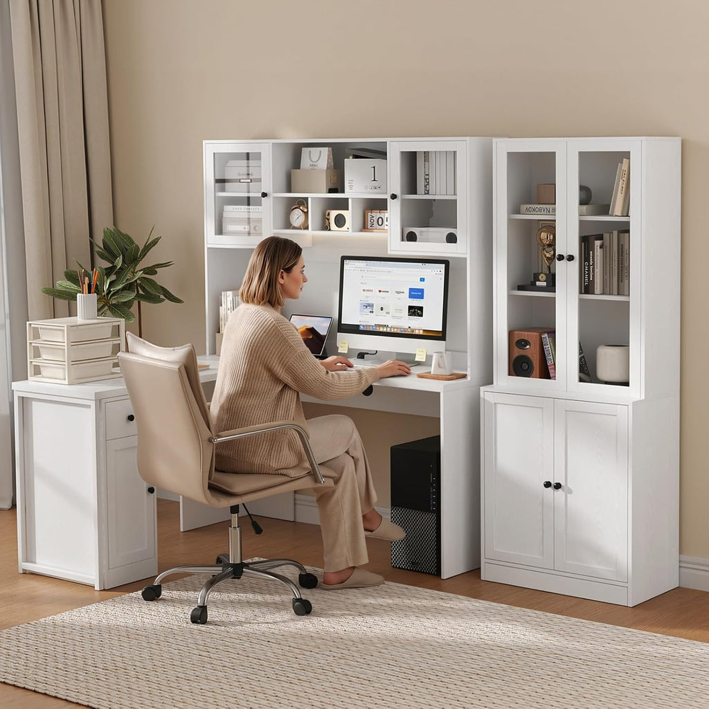 TUSY Reversible L Shaped Desk with Hutch & Storage Cabinet, 71' Corner Desk with LED, White Computer Desk with Drawers, DIY Home Office Desk for Small Space, Craft Desk with Storage