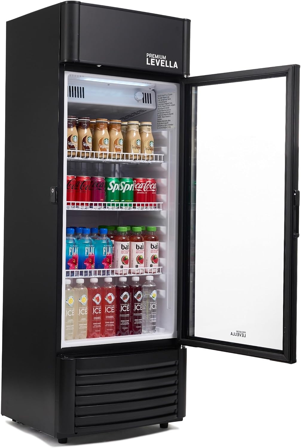 PremiumLevella PRF657DX Glass Door Display Refrigerator 6.5 cu ft Commercial Beverage Cooler Merchandiser With Customizable Lightbox