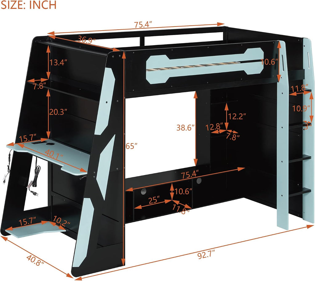 Merax Wood Loft Bed with Desk, Multi-Storage Shelves and RGB Light, Twin Size, Cloud Blue