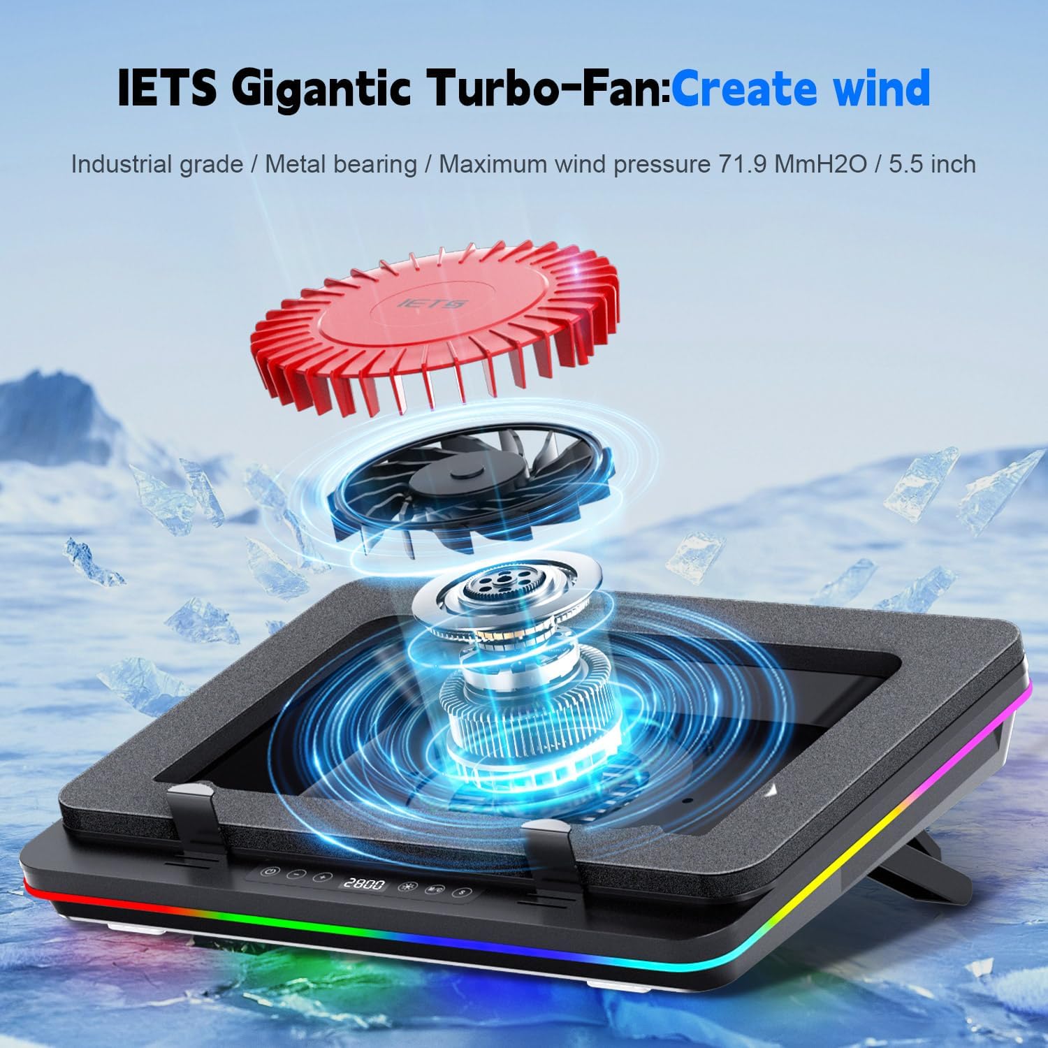 IETS GT600 RGB Laptop Cooling Pad Equipped with Gigantic Turbo-Fan（5.5inch Diameter）,Sealed Foam for Rapid Cooling Gaming Laptop,14.1-19.3 inch Laptop Cooler with 3-Port USB Hub,Dust Filter