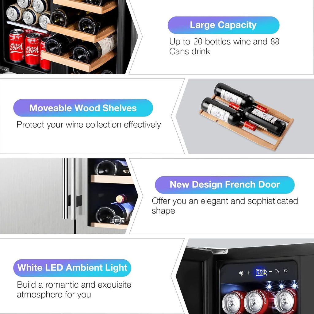 Tylza Wine and Beverage Refrigerator, 24 Inch Dual Zone Wine Beverage Cooler, Holds 20 Bottles and 88 Cans, Built-In and Freestanding, Seamless Glass Door, Under Counter Beer Wine Refrigerator