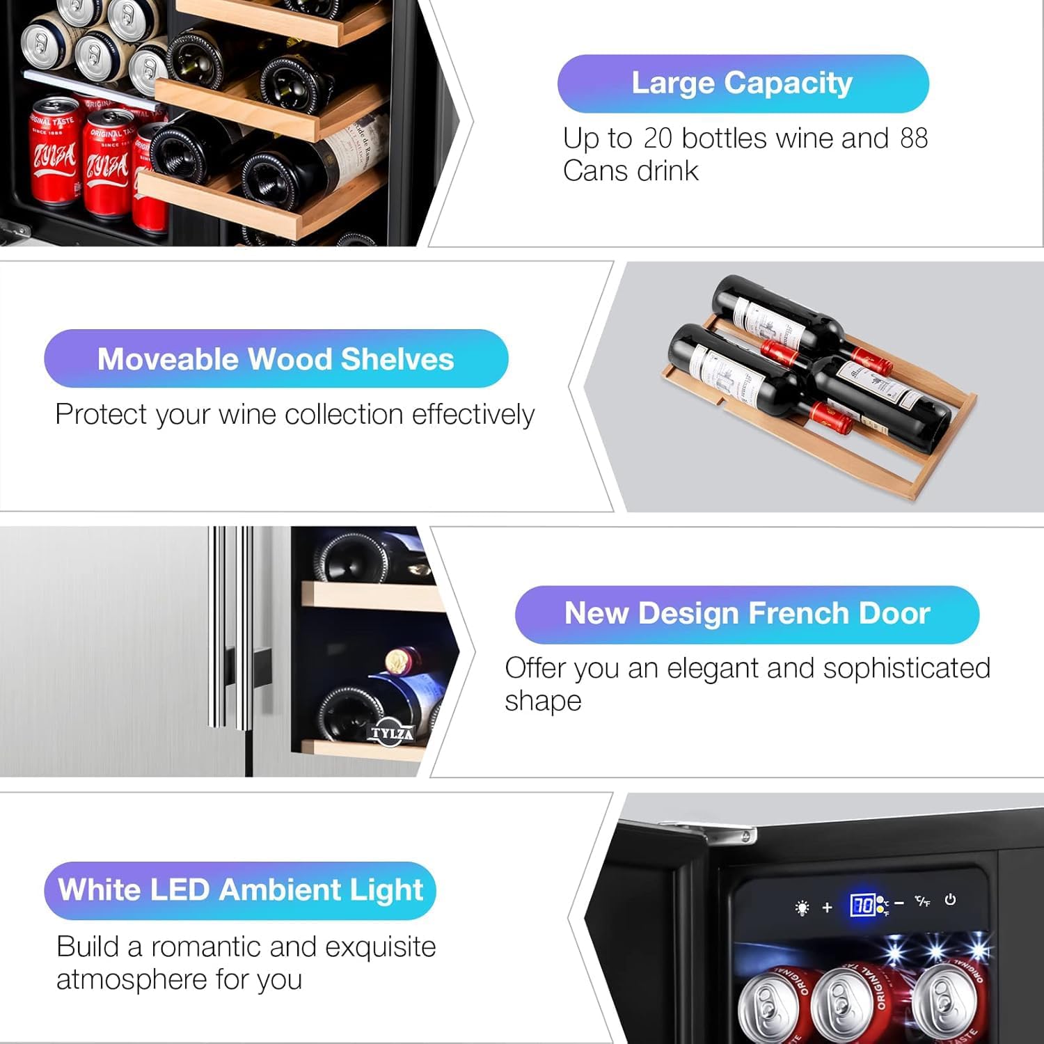 Tylza Wine and Beverage Refrigerator, 24 Inch Dual Zone Wine Beverage Cooler, Holds 20 Bottles and 88 Cans, Built-In and Freestanding, Seamless Glass Door, Under Counter Beer Wine Refrigerator