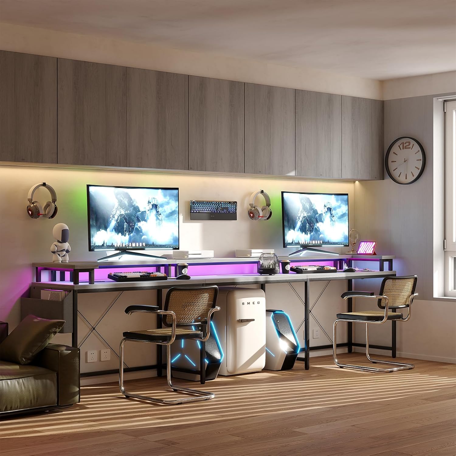 Patikuin U Shaped Desk with Power Outlets, USB Ports & RGB LED Lights, 79 Inch Large Corner Computer Desk with Monitor Stand, Reversible Gaming Desk for Home Office, Ergonomic Workstation (Oak)