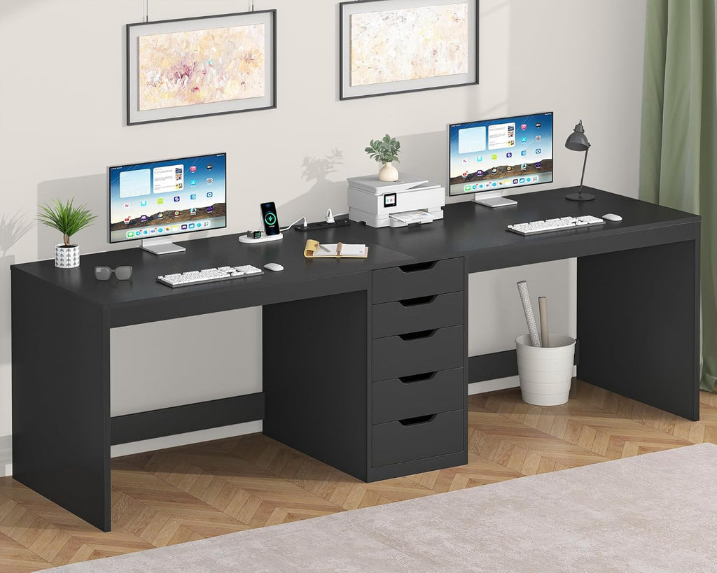 YOMILUVE 2 Person Desk with 5 Drawers and Power Outlets, 78.7 Inch Long Computer Desk with Storage File Cabinet, Two Person Home Office Double Desk with Storage, Black