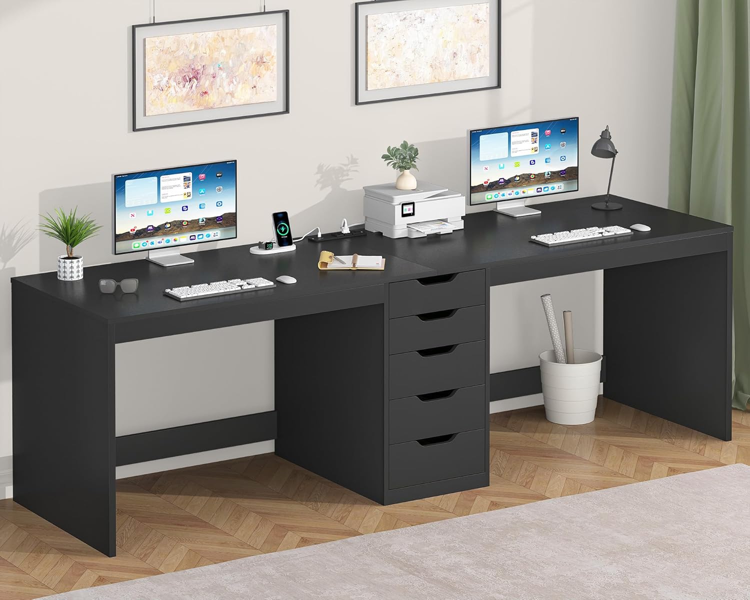 YOMILUVE 2 Person Desk with 5 Drawers and Power Outlets, 78.7 Inch Long Computer Desk with Storage File Cabinet, Two Person Home Office Double Desk with Storage, Black