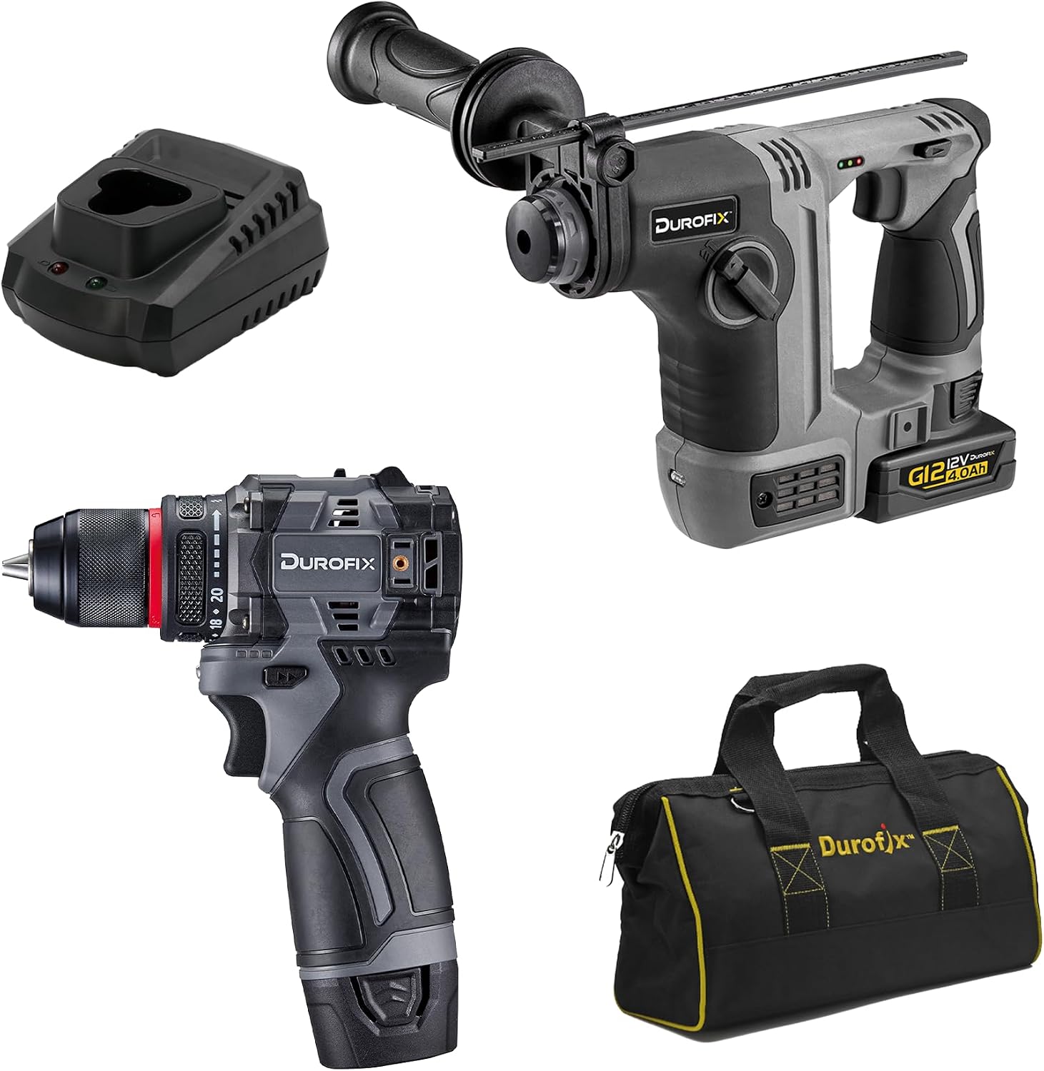 Durofix G12 Series RK12136-2-K7 12V Cordless 3/8' Hammer Drill Power Tool Combo Kit with Compact Rotary Hammer Drill 1.3J Impact Energy, 1 Battery & Charger