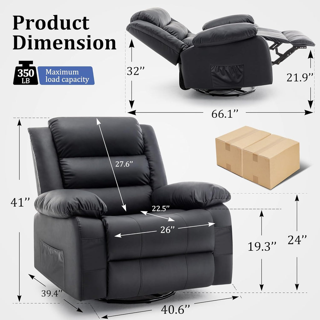 Korser Recliner Chair for Adults, Oversized 360° Swivel Rocker Recliner with Massage and Heat, Wide Nursery Glider Rocking Chair with Side Pockets, Cashmere Reclining Sofa for Living Room (Black)