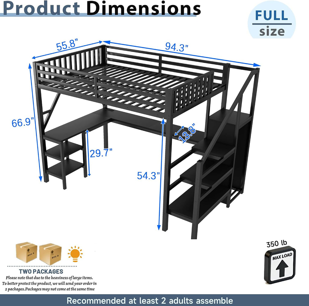Full Size Loft Bed with Stairs and Desk, Gaming Loft Beds with RGB LED Light and Storage Shelf, Heavy-duty Metal Loft Bed Frame with Wardrobe, Charging Station for Adults Kids Teens, Black