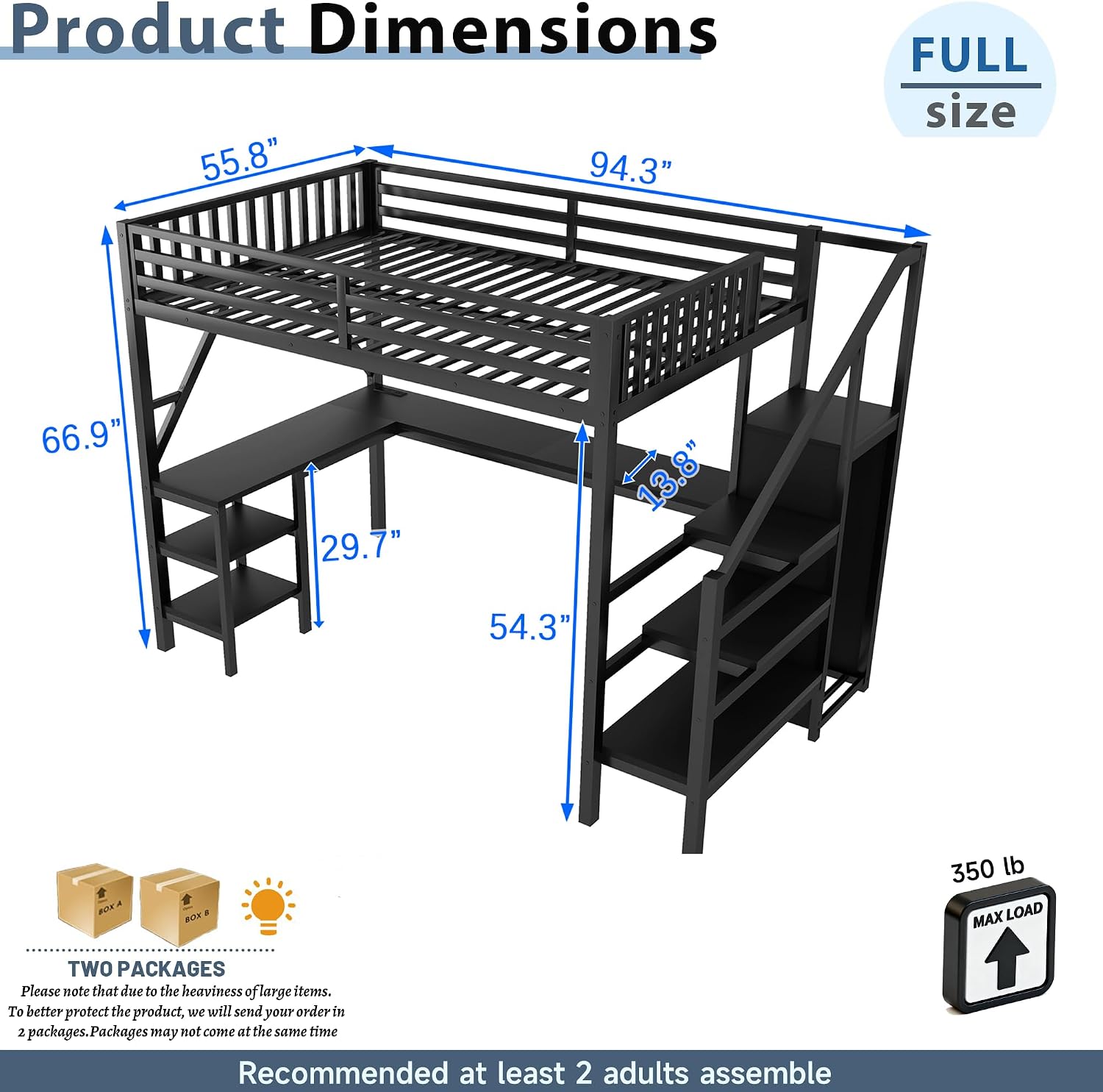 Full Size Loft Bed with Stairs and Desk, Gaming Loft Beds with RGB LED Light and Storage Shelf, Heavy-duty Metal Loft Bed Frame with Wardrobe, Charging Station for Adults Kids Teens, Black