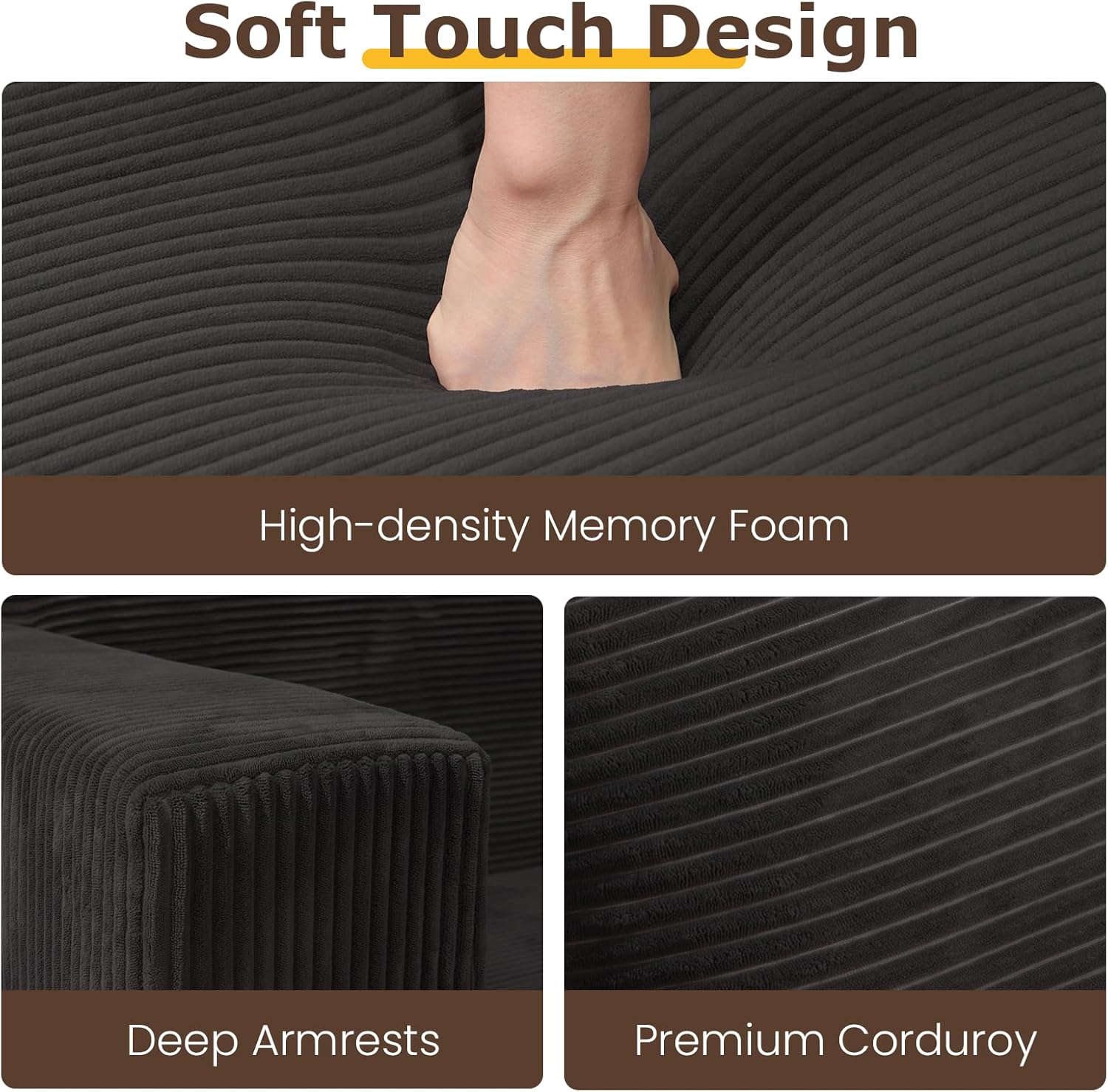cidludto Convertible Sofa Bed, Boneless Loveseat Folding Couch Bed Foldable - 3 in 1 Small Ccouch & Futon Sofa Sleeper, Corduroy Pull Out Couch with 4 Pillows for Living Room, Black