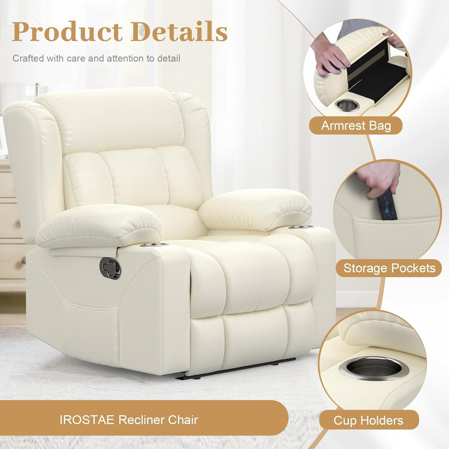 FURNIMAT Recliner Chair, Oversized Manual Reclining Chair for Adults, Single Reclining Sofa with Cup Holder & Pocket, Lounge Recliner for Living Room Home Theater Seating RV Chairs