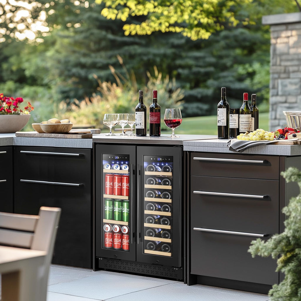 Tylza 24 Inch Wine and Beverage Refrigerator, Dual Zone Wine Beverage Cooler 24' with French Door, Under Counter Wine Beer Fridge Built-In or Freestanding, Holds 20 Bottles and 88 Cans, Black