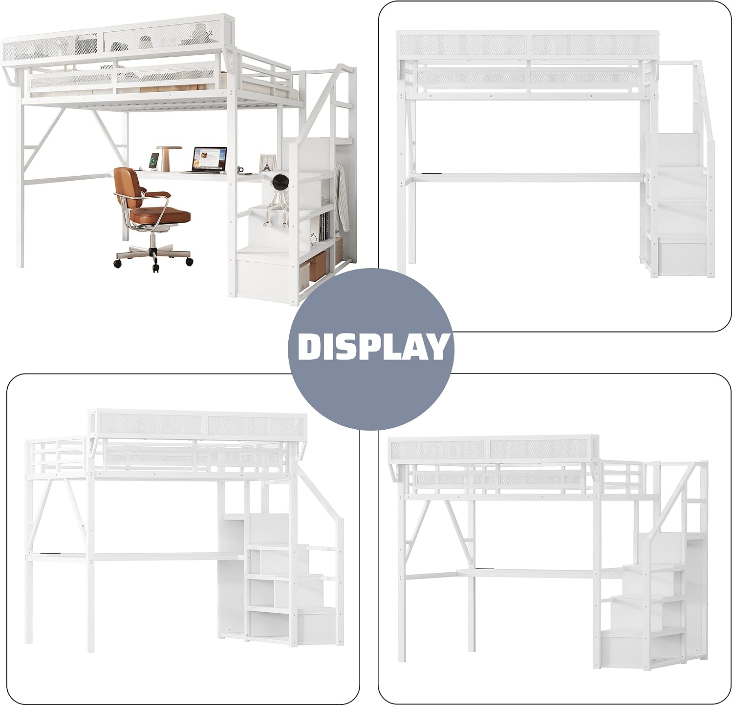 Queen Loft Bed with Desk and Stairs, Metal Lofts Bed Queen Size with Upper Storage Shelf, Gaming LoftBed with LED, Charging Station and Wardrobe for Teens, Adults,White
