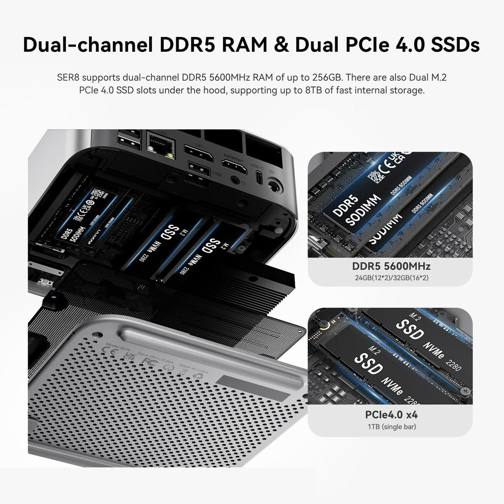 Beelink SER8 Mini PC, AMD Ryzen 7 8745HS(Up to 4.9GHz) 8C/16T, Mini Desktop Computer 32GB DDR5 RAM 1TB PCIe4.0 SSD, Small Gaming PC Support 4K@120Hz Output/BT5.2/WiFi 6 for Gaming/Office/Home