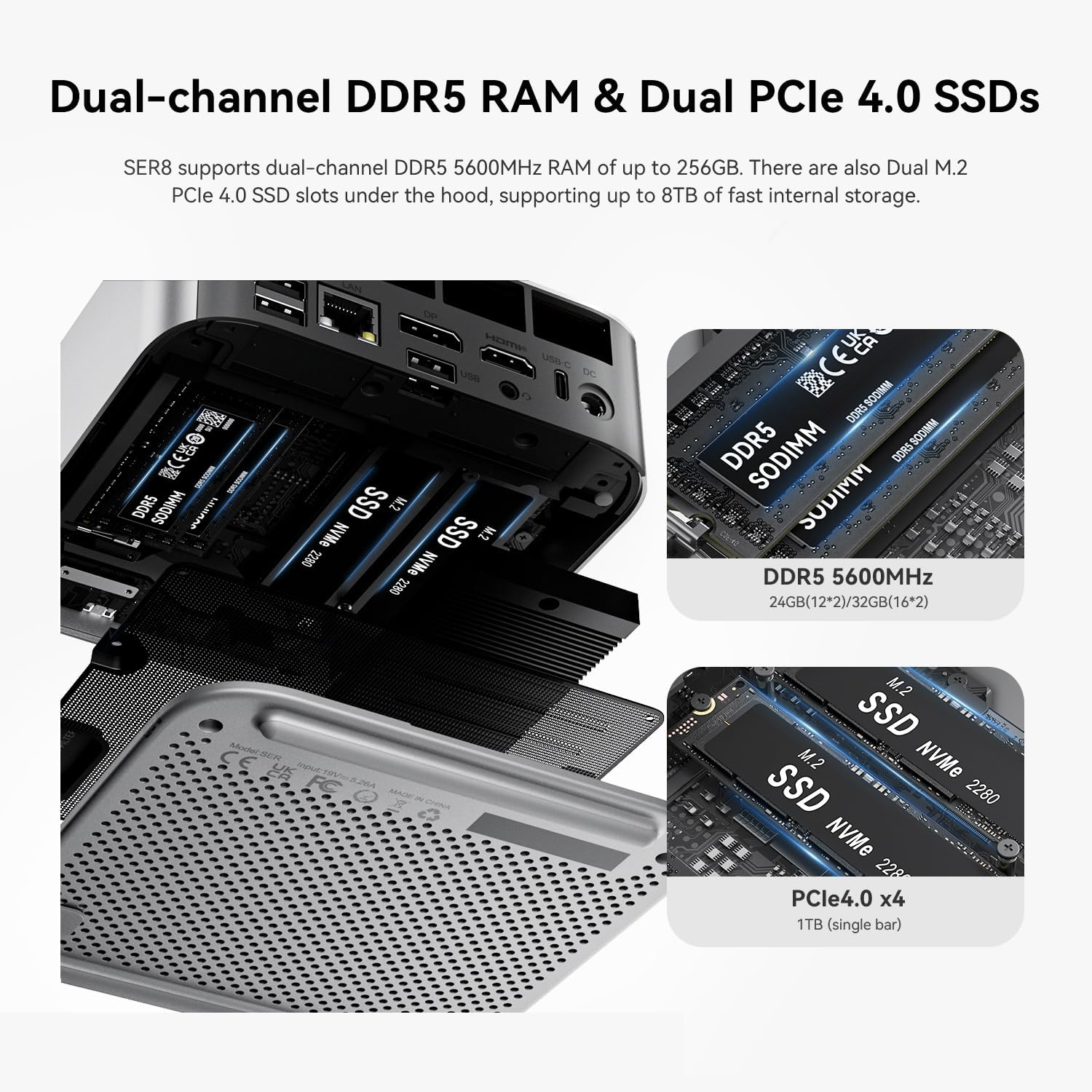 Beelink SER8 Mini PC, AMD Ryzen 7 8745HS(Up to 4.9GHz) 8C/16T, Mini Desktop Computer 32GB DDR5 RAM 1TB PCIe4.0 SSD, Small Gaming PC Support 4K@120Hz Output/BT5.2/WiFi 6 for Gaming/Office/Home
