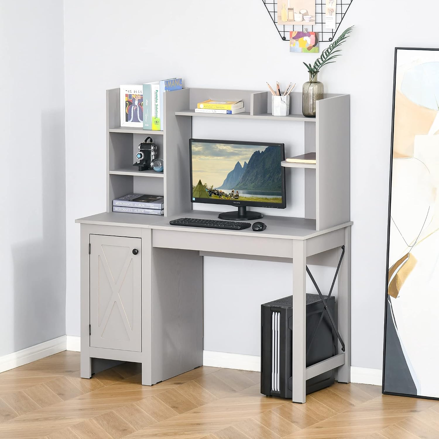HOMCOM 47 Inch Farmhouse Computer Desk with Hutch and Cabinet, Home Office Desk with Storage, for Study, Light Gray