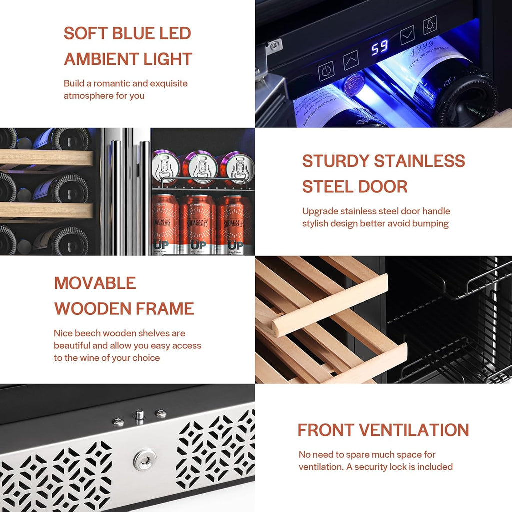 Empava 24' Dual Zone Wine and Beverage Refrigerator Cooler, Freestanding or Under Counter Fridge Chiller with LED Light, 78 Cans and 20 Bottles Capacity, Touch Control, Stainless Steel