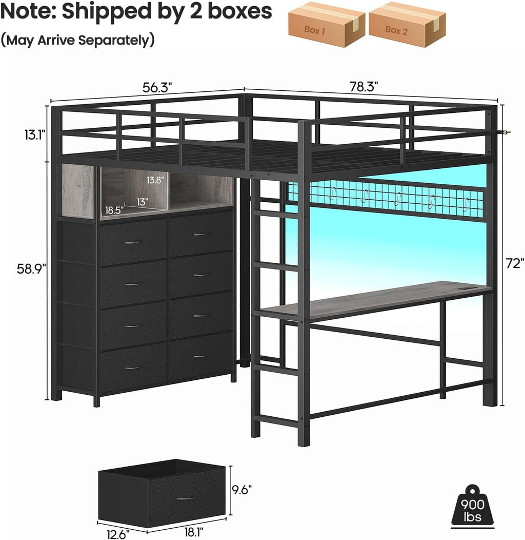 ADORNEVE Loft Bed Full Size with Desk and 8 Storage Drawers, LED Metal Loft Bed with Power Outlet, 2 Shelves & Clothing Rack, Bed with Safety Guardrail & Ladder,Space-Saving, Grey