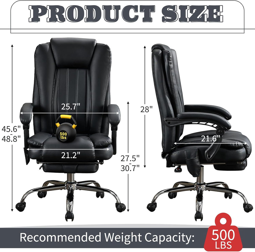 Massage Office Chair with Footrest, Heated 6-Point Vibration Ergonomic Executive Office Chair for Home, Big and Tall 500lbs Capacity Reclining High Back Computer Chair for Heavy People, PU Leather