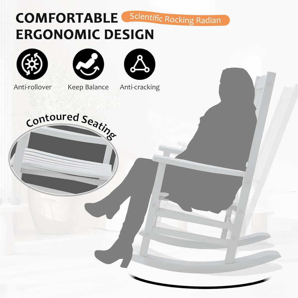 Hupmad Wooden Rocking Chair Outdoor Oversized Porch Rocker Chair,Patio Wooden Rocker with High Back and Armrest,All Weather Rocker Slatted for Backyard,Garden,400 lbs Support,White