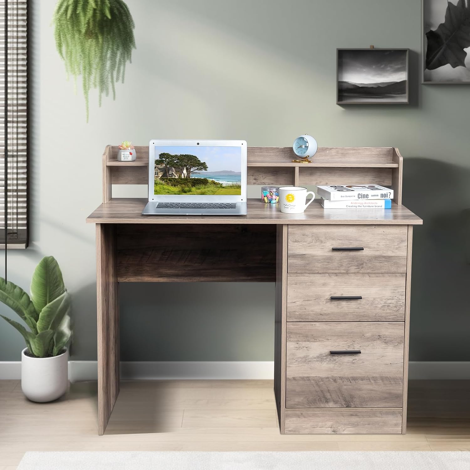 Karl home Grey Computer Desk with Drawers ＆ Hutch, Modern Home Office Desks with Storage for Kids Students Teens, Small Wood Table for Work Study Gaming Writing, PC Laptop Workstation