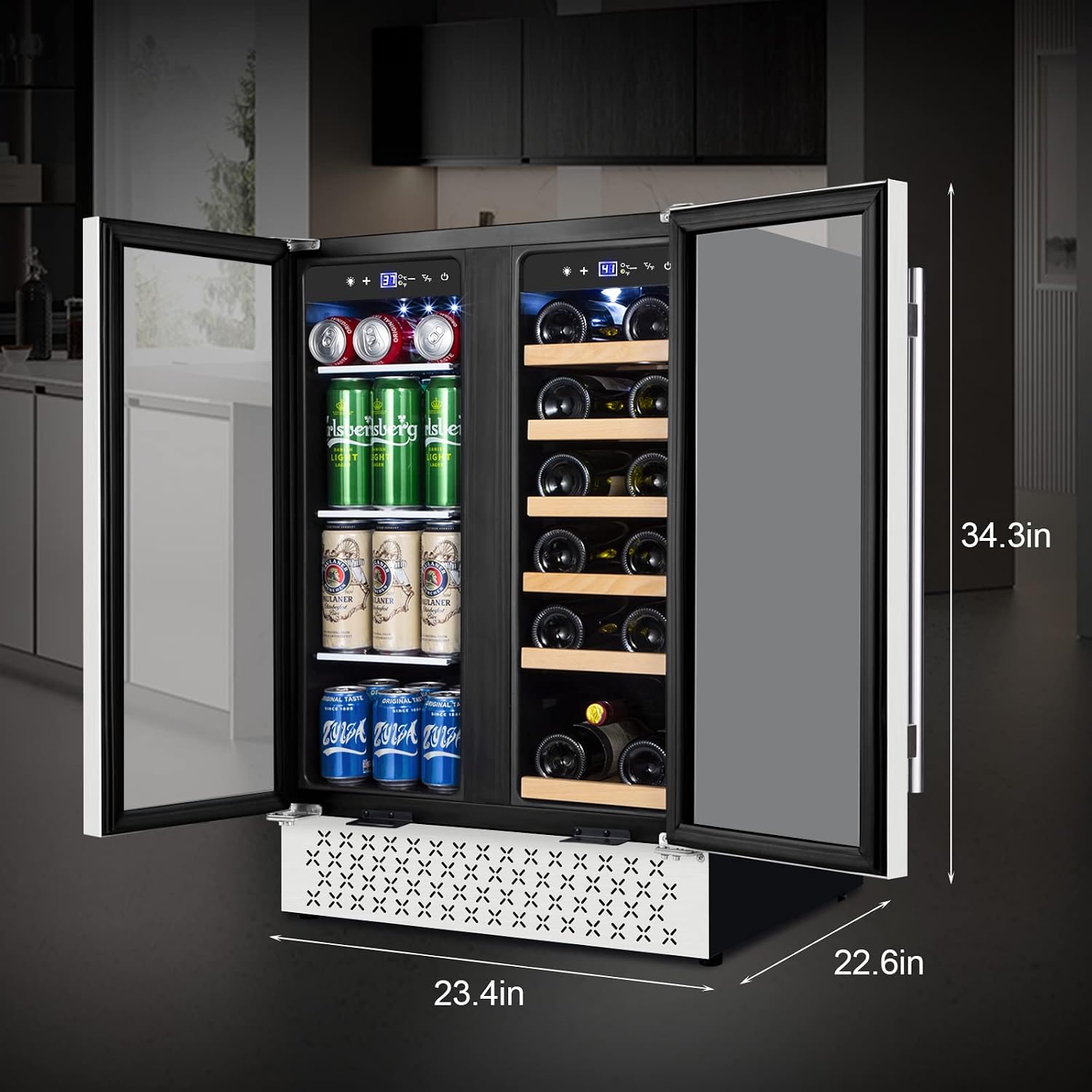 Tylza Wine and Beverage Refrigerator, 24 Inch Dual Zone Wine Fridge, Holds 18 Bottles and 88 Count, French Doors, Lock, Under-counter or Freestanding Wine Cooler, Beverage Fridge with Tempered Glass
