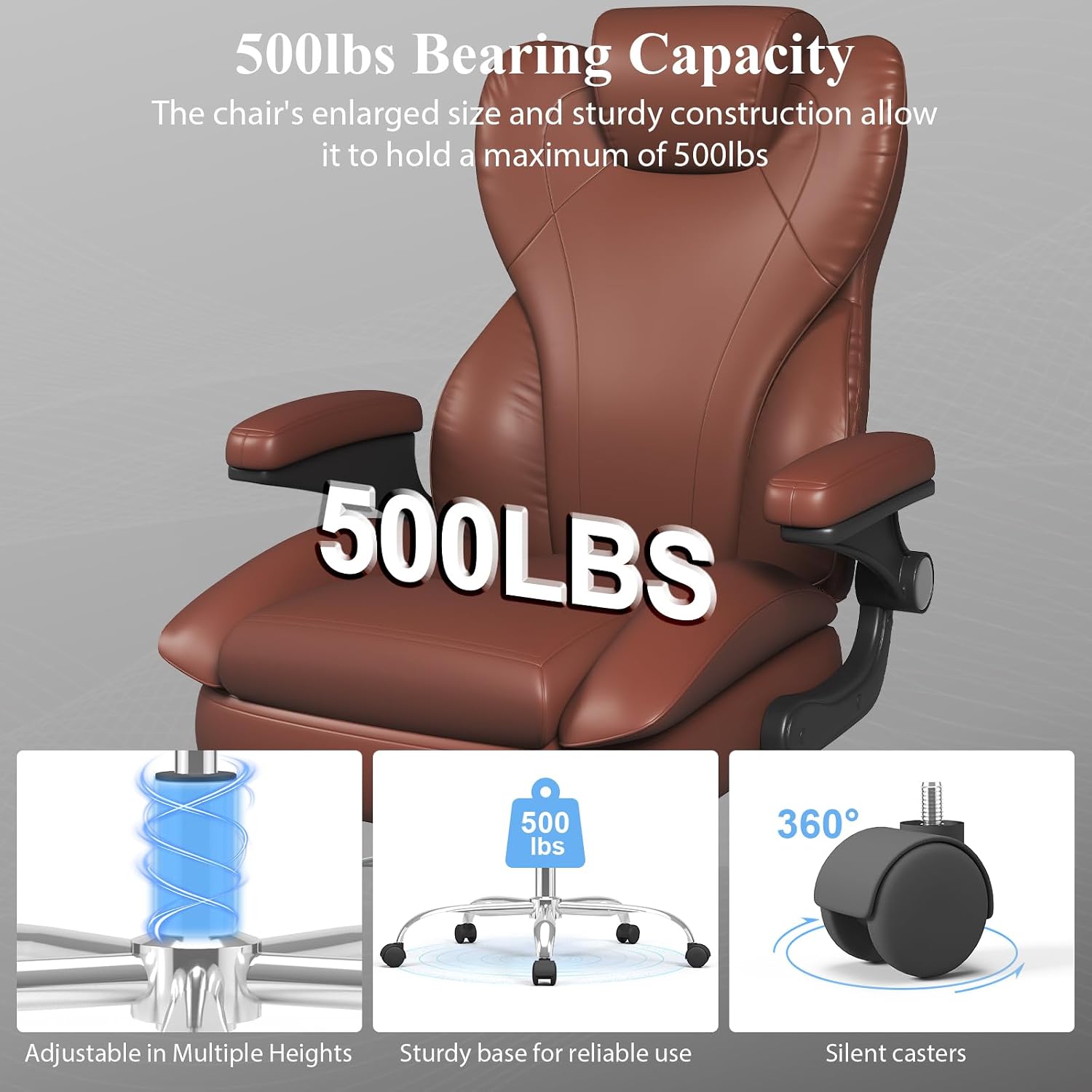 Office Desk Chair, Executive Leather Office Chair, High Back Ergonomic Home Desk Chair with Padded Flip-up Arms, Big and Tall Computer Chair with Rocking Function, 360°Swivel Free, Light Brown
