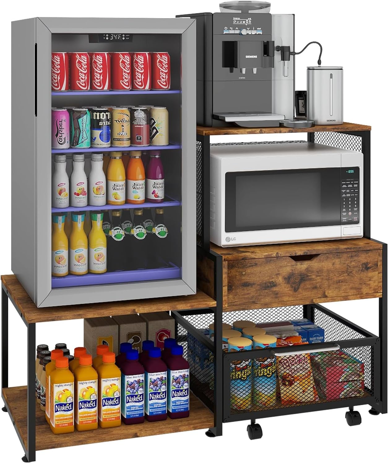PUNCIA Mini Fridge Stand with Storage, Coffee Bar Cabinet with Power Outlet and Drawer, Microwave Oven Stand with Rolling Basket, Beverage Refrigerator Table for Home, Dorm, Apartment, Pantry, Retro