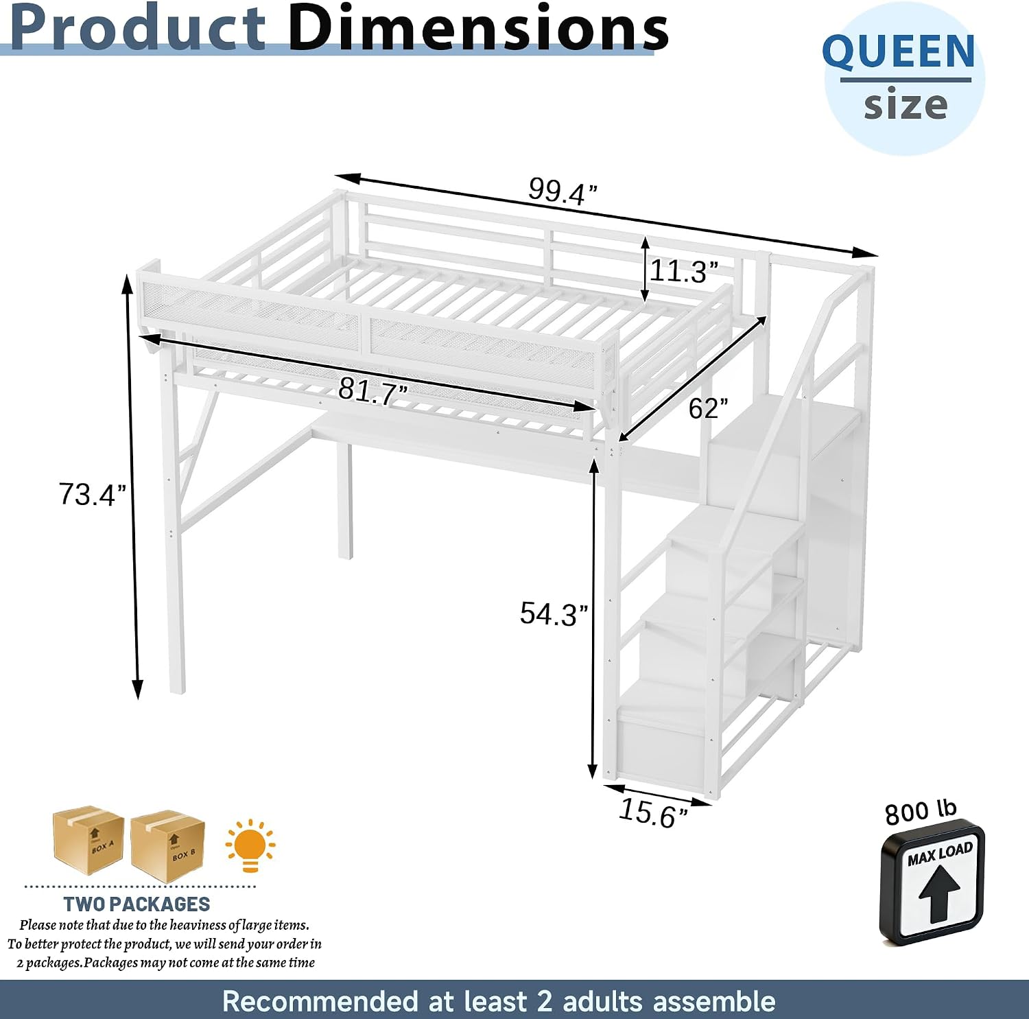 Queen Size Loft Bed with Stairs and Desk, Metal Gaming Loft Bed Frame with Bedside Shelf and Light, Heavy-Duty Adults Lofts Beds with Storage Wardrobe & Charging Station, White