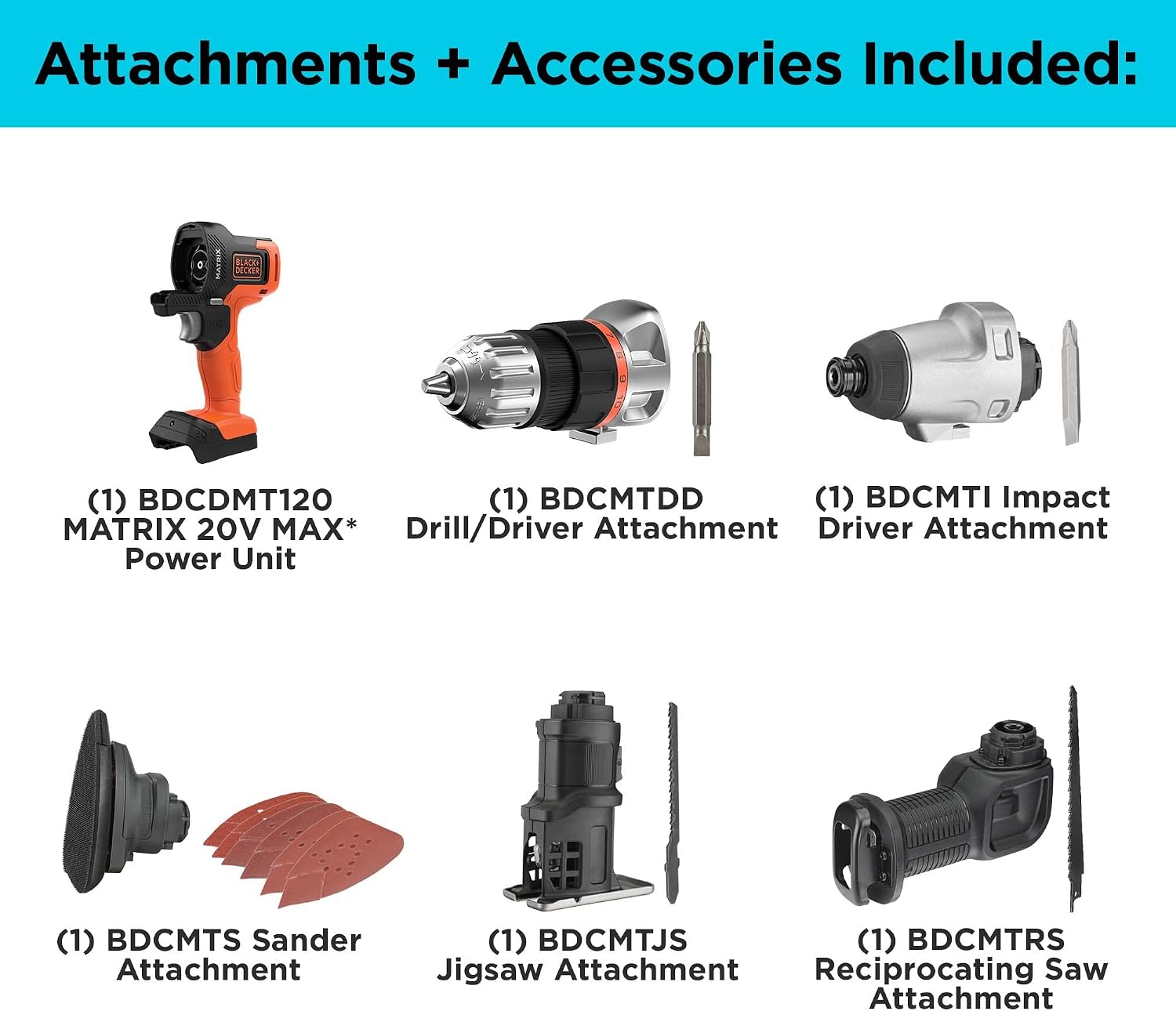 BLACK+DECKER MATRIX 20V MAX Power Tool Kit, Includes Cordless Drill, 8 Attachments and Storage Case (BDCDMT1208KITC1)