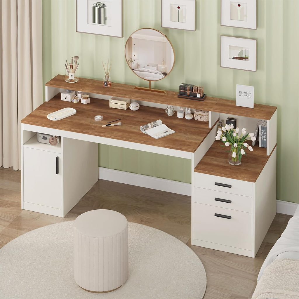 YOMILUVE 65 Inch Computer Desk with 3 Drawers & Storage Shelves, Executive Desk with File Drawer & Cabinet, Home Office Desk with Long Monitor Stand & Printer Shelf, Antique White