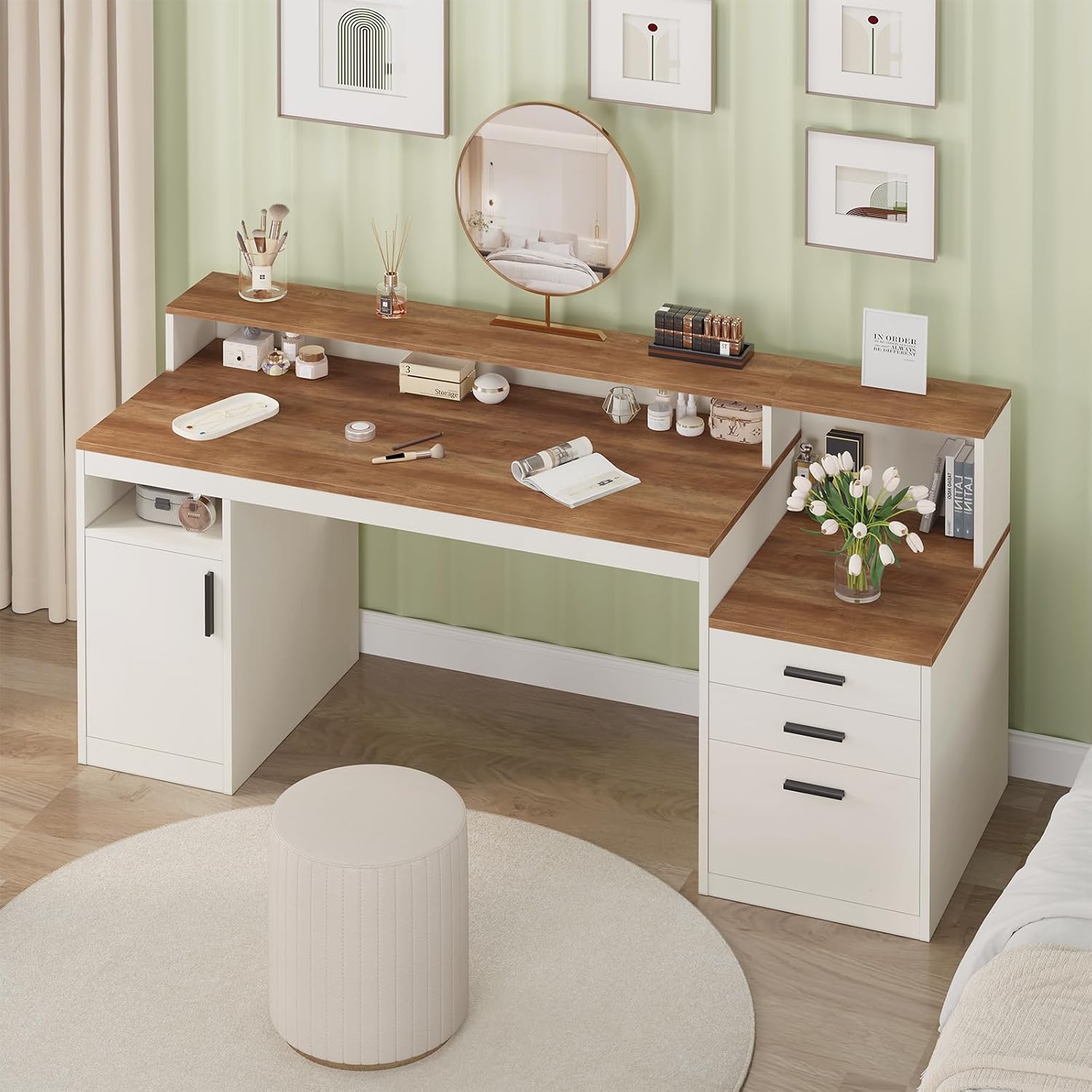 YOMILUVE 65 Inch Computer Desk with 3 Drawers & Storage Shelves, Executive Desk with File Drawer & Cabinet, Home Office Desk with Long Monitor Stand & Printer Shelf, Antique White