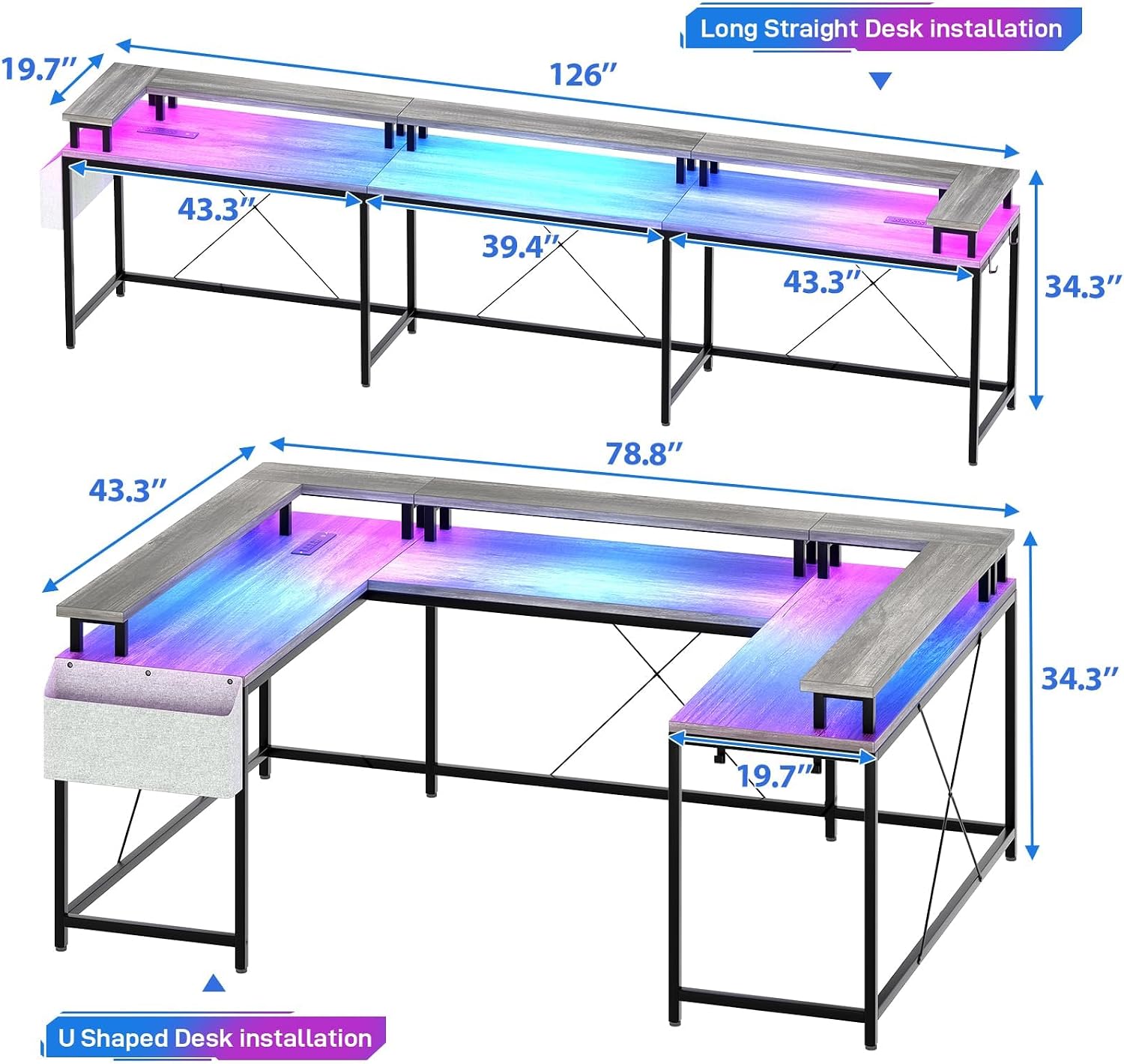 126' U Shaped Gaming Desk, Power Outlets & USB Ports, Reversible Corner Computer Desk with Monitor Stand, RGB LED Lights, Storage Shelves & Bag, Gaming Desk for Home Office, Tiger Stripes, Grey Oak